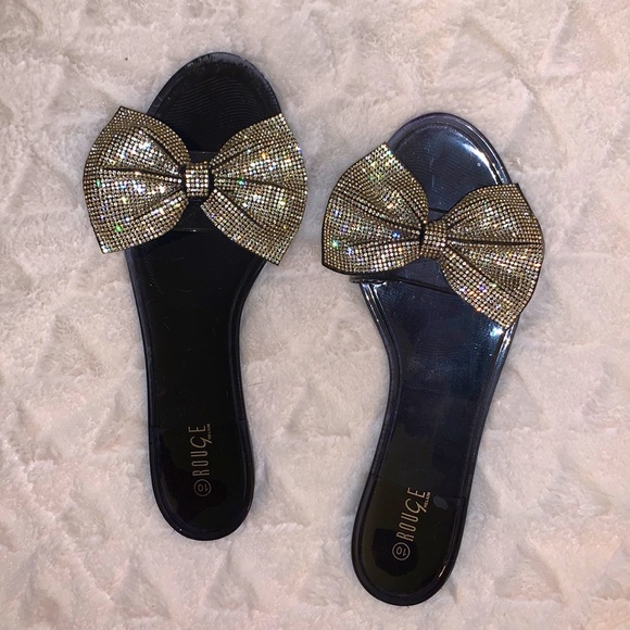 🖤Cute Black Jelly Slides with Rhinestone Bow🖤Size 10🖤 - Picture 2 of 4